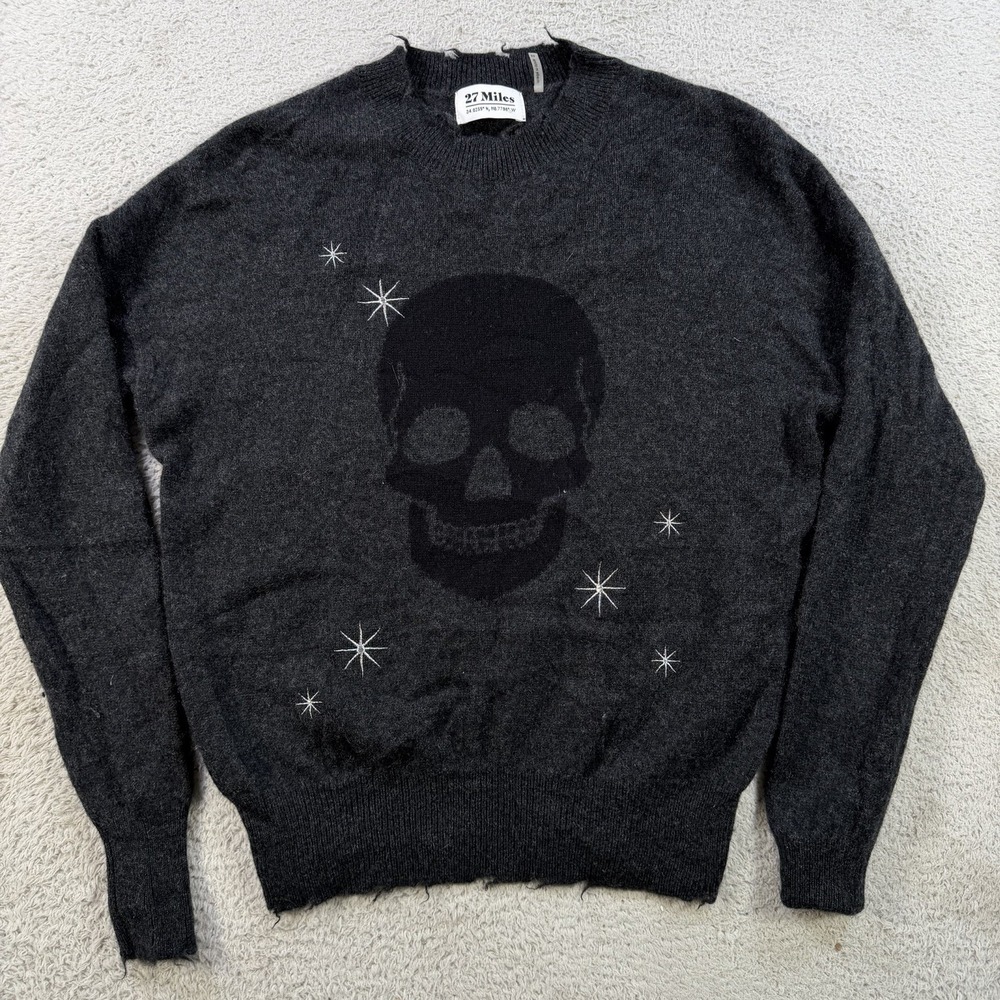 27 Miles Malibu Sweater Womens XS Grey 100% Cashmere Skull Crewneck Distressed